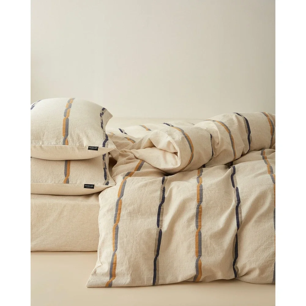 Faith Cotton Linen Striped Duvet Cover Set Brown King Top Grade & Natural